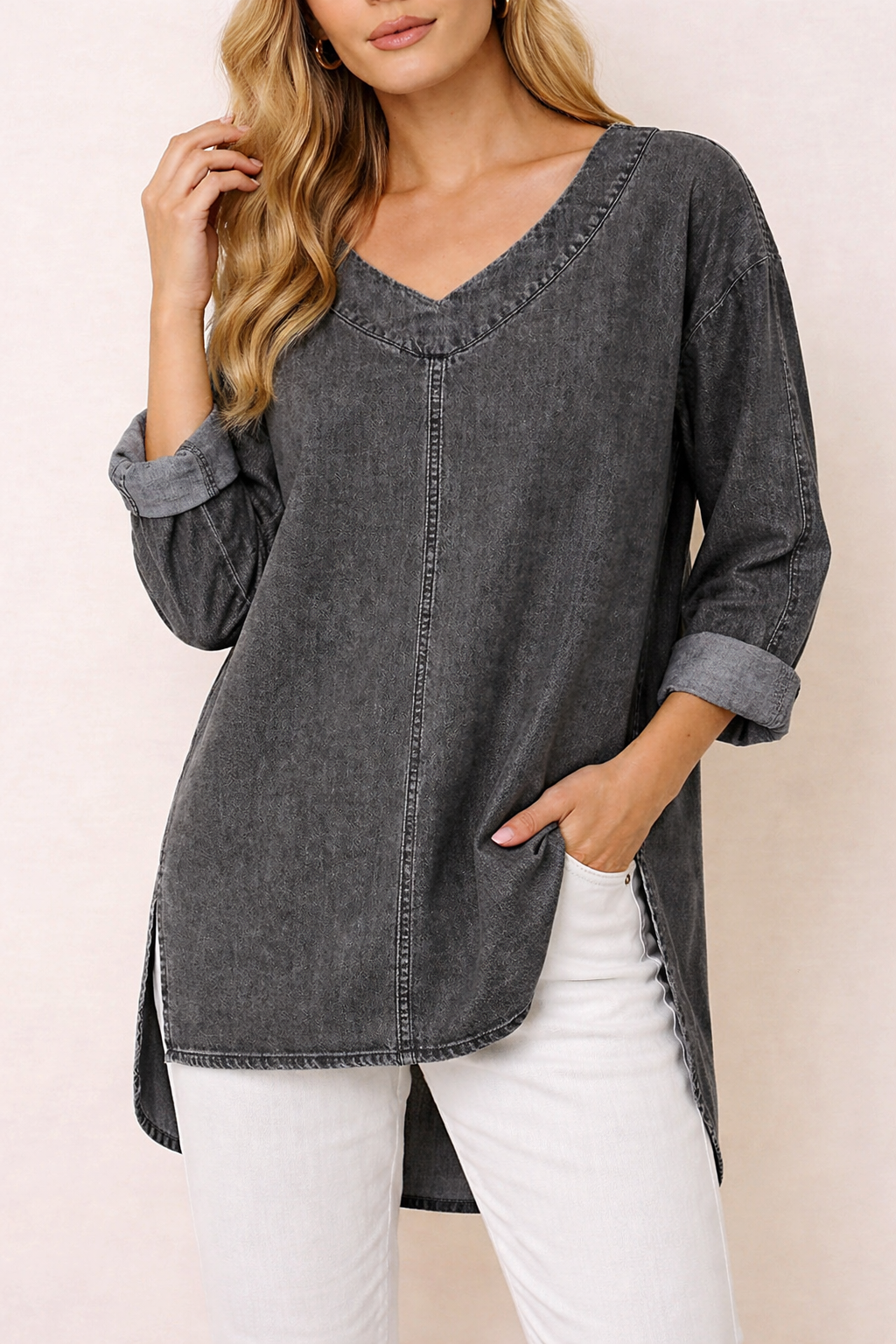 Women's Washed Denim V-Neck Tunic Blouse With Side Slit