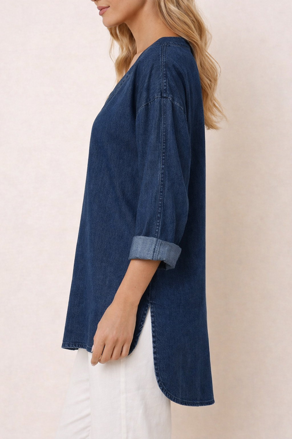 Women's Washed Denim V-Neck Tunic Blouse With Side Slit