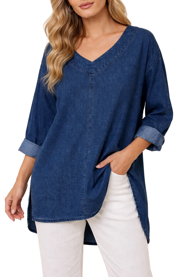 Women's Washed Denim V-Neck Tunic Blouse With Side Slit