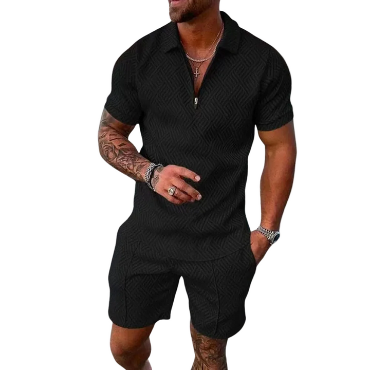 Men's Polo Shirt and Shorts Set with Zip Neck and Pattern Design
