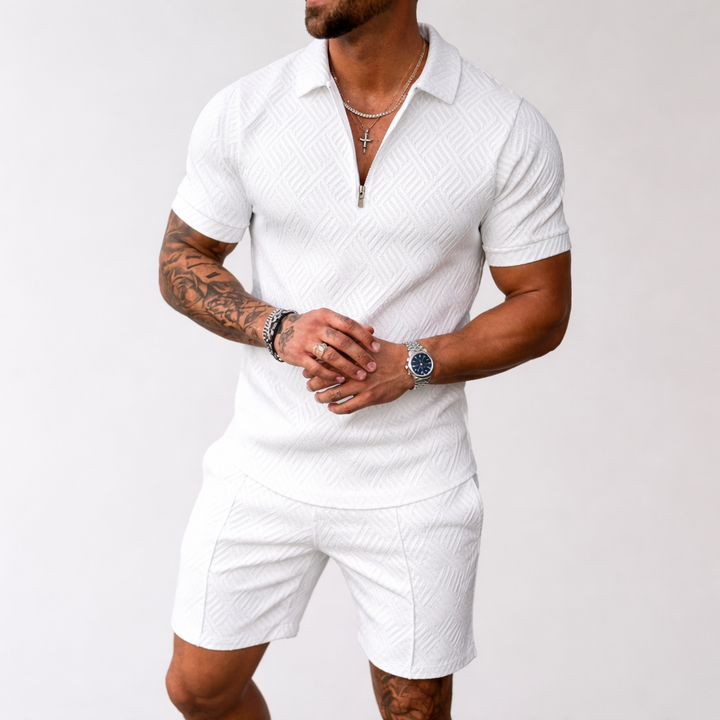 Men's Polo Shirt and Shorts Set with Zip Neck and Pattern Design