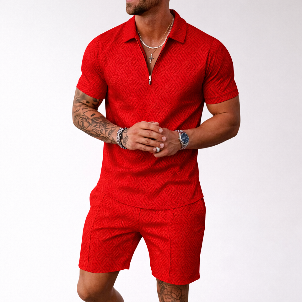 Men's Polo Shirt and Shorts Set with Zip Neck and Pattern Design