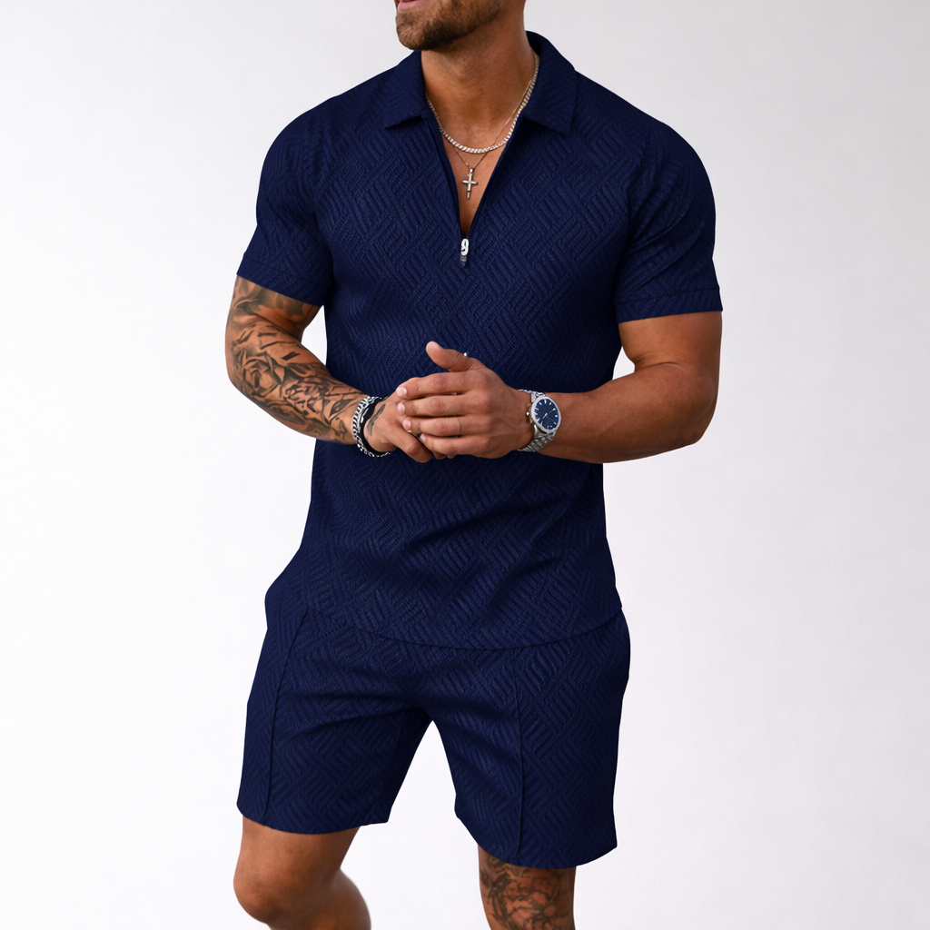 Men's Polo Shirt and Shorts Set with Zip Neck and Pattern Design