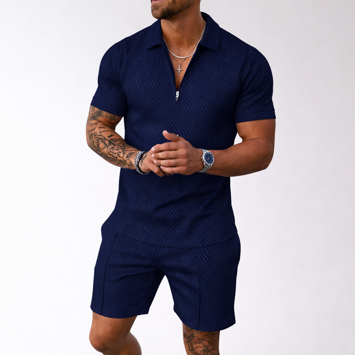 Men's Polo Shirt and Shorts Set with Zip Neck and Pattern Design