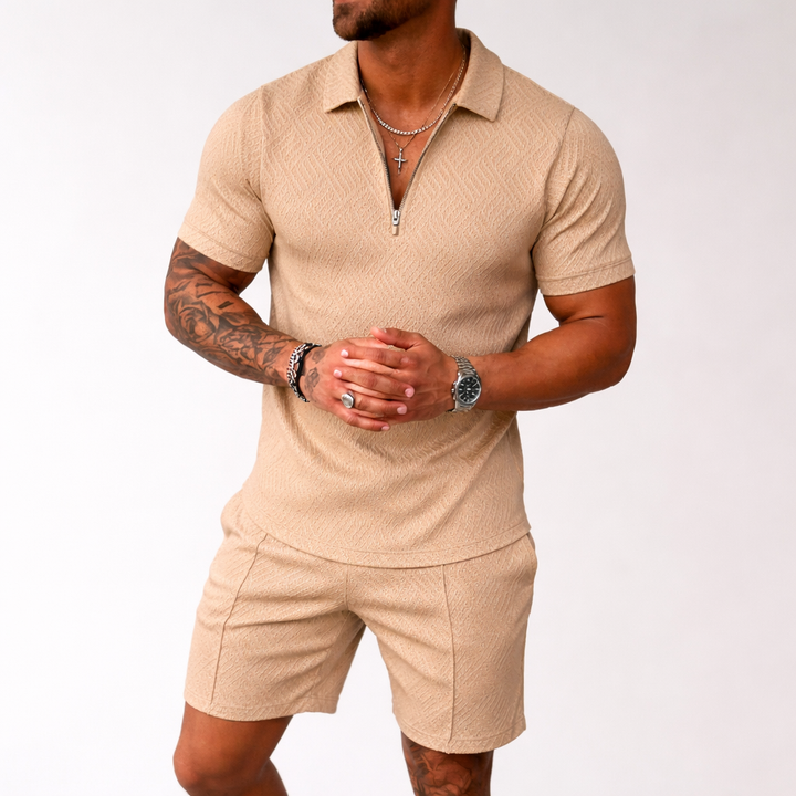Men's Polo Shirt and Shorts Set with Zip Neck and Pattern Design