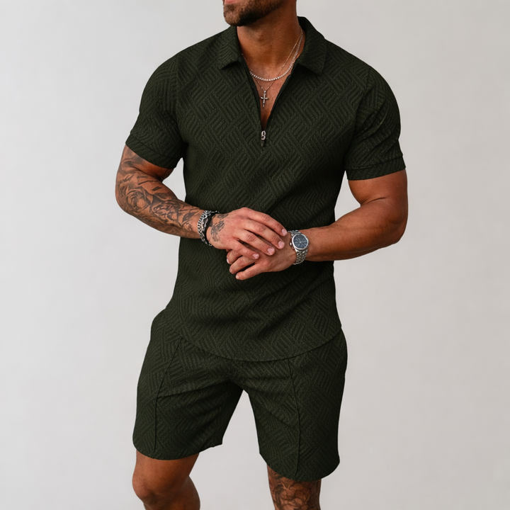 Men's Polo Shirt and Shorts Set with Zip Neck and Pattern Design