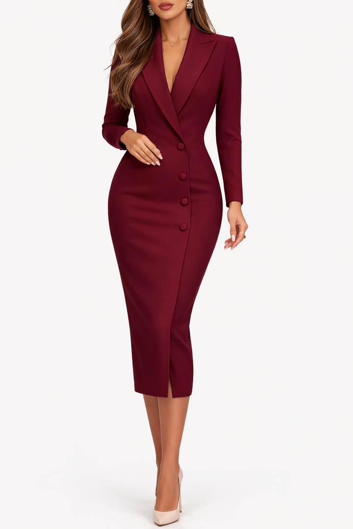 Women's Blazer Style Tailored Midi Dress Collar and Button Front