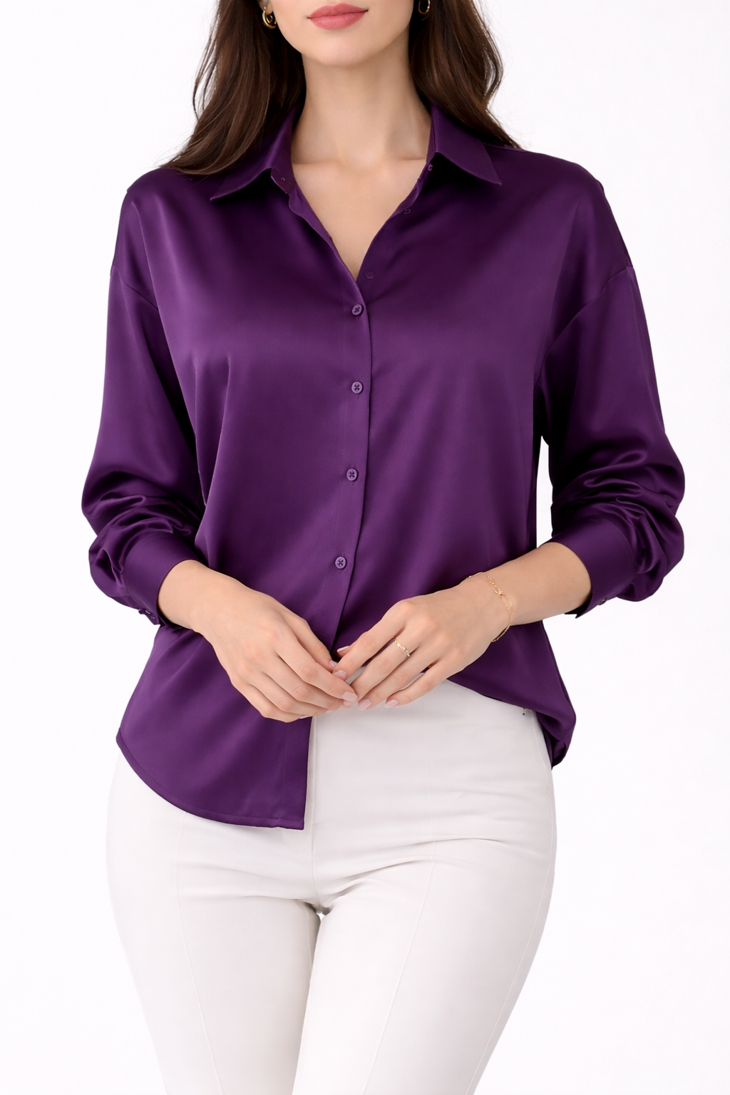 Women's Button Down Long Sleeve Silk Blouse with Collar