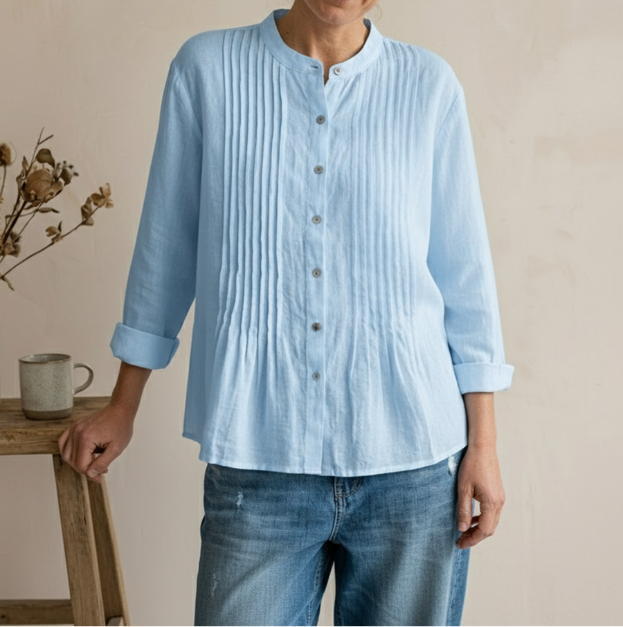 Women's Button Front Long Sleeve Pleated Panel Shirt