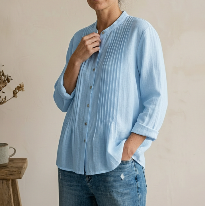 Women's Button Front Long Sleeve Pleated Panel Shirt