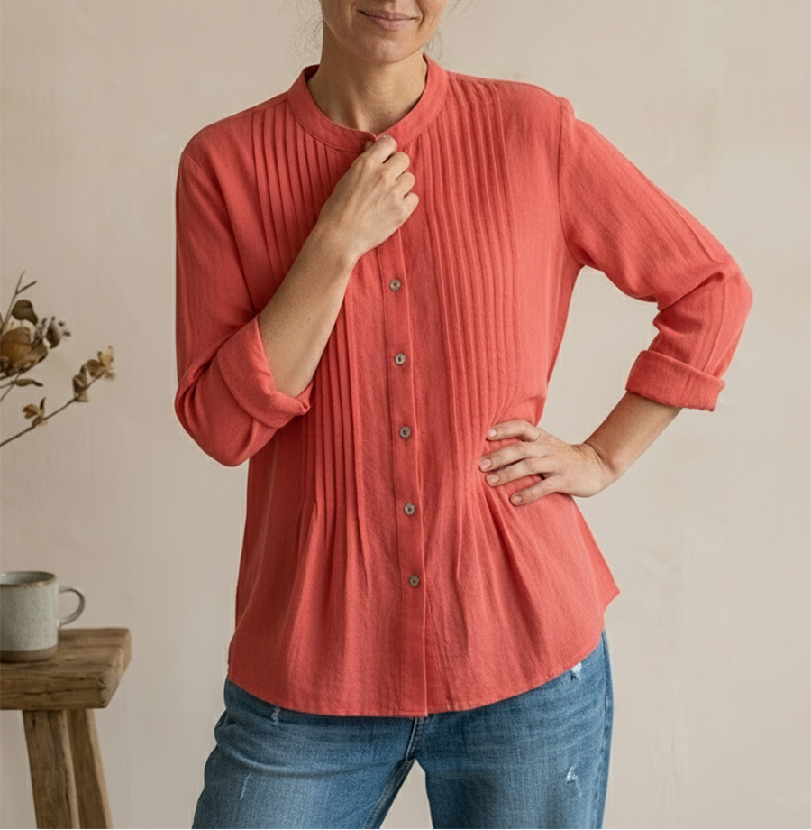Women's Button Front Long Sleeve Pleated Panel Shirt