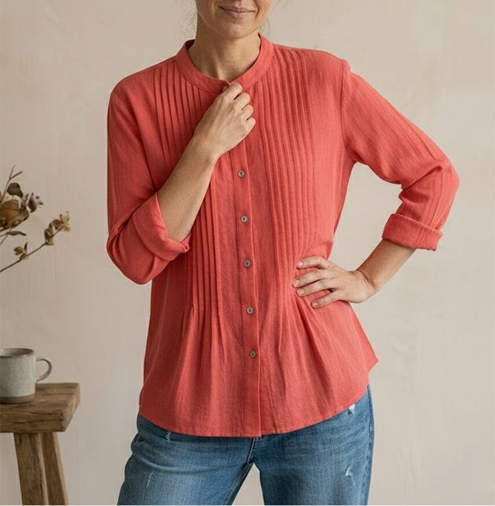 Women's Button Front Long Sleeve Pleated Panel Shirt