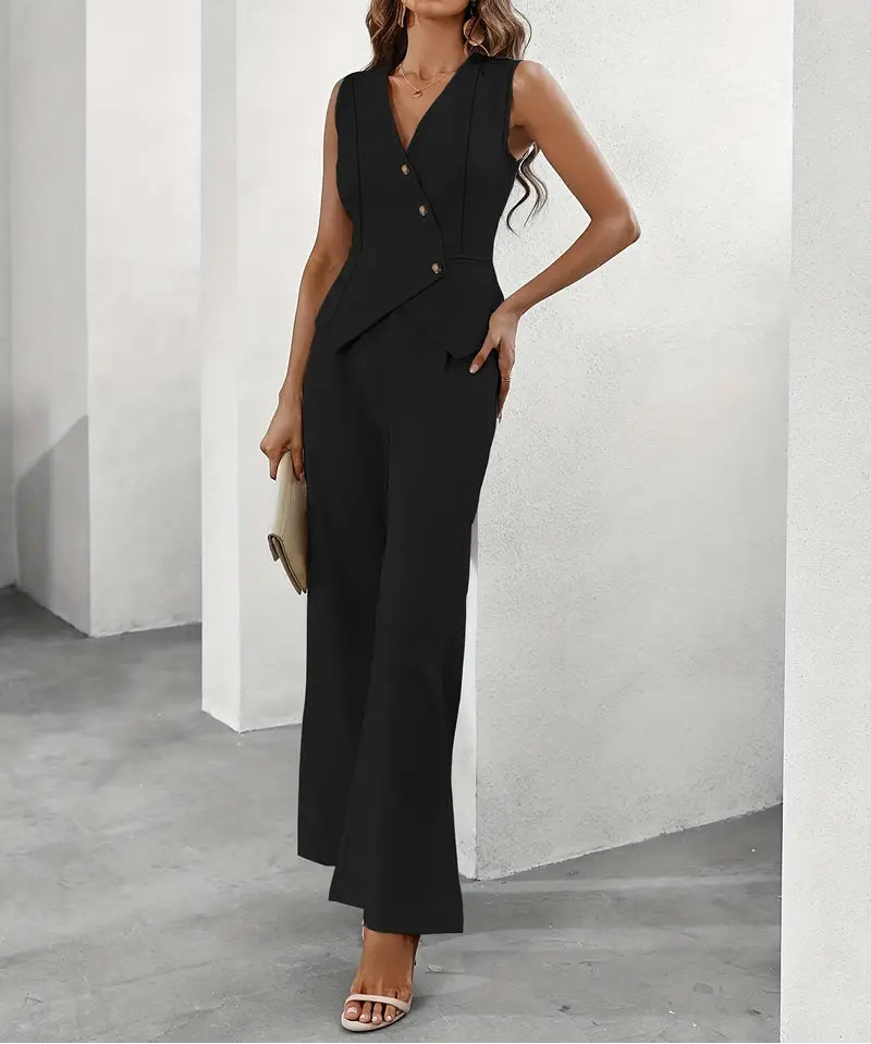 Women's Button Vest and Wide Leg Pants Set with Asymmetric Style