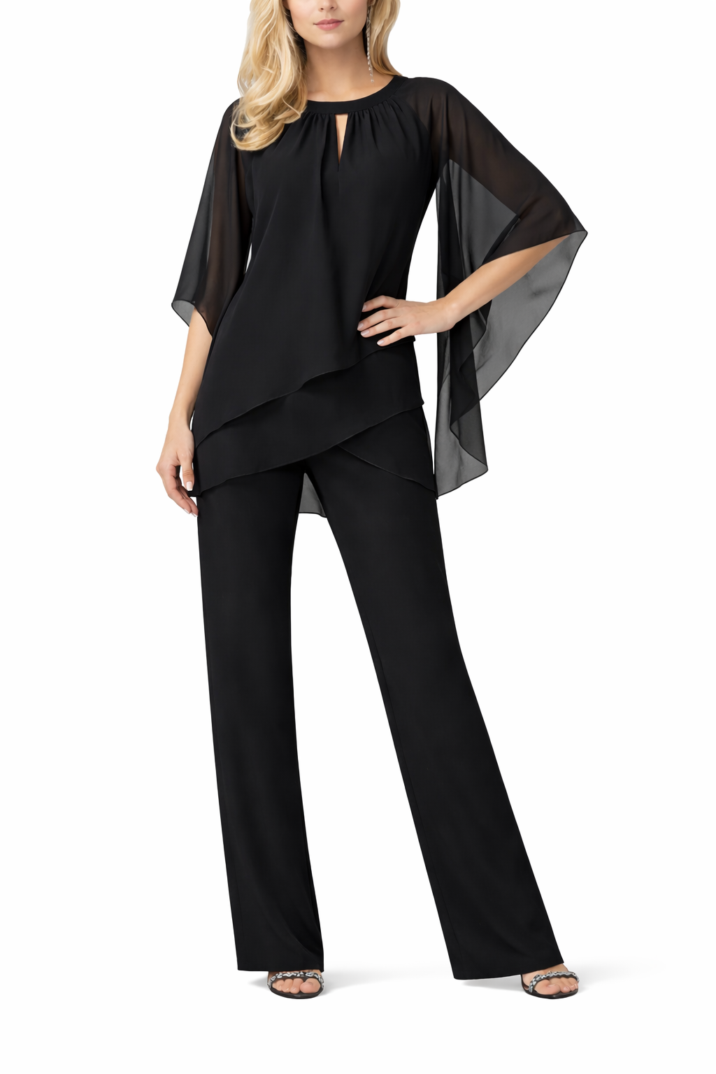 Women's Chiffon Overlay Top and Wide Leg Pants Set