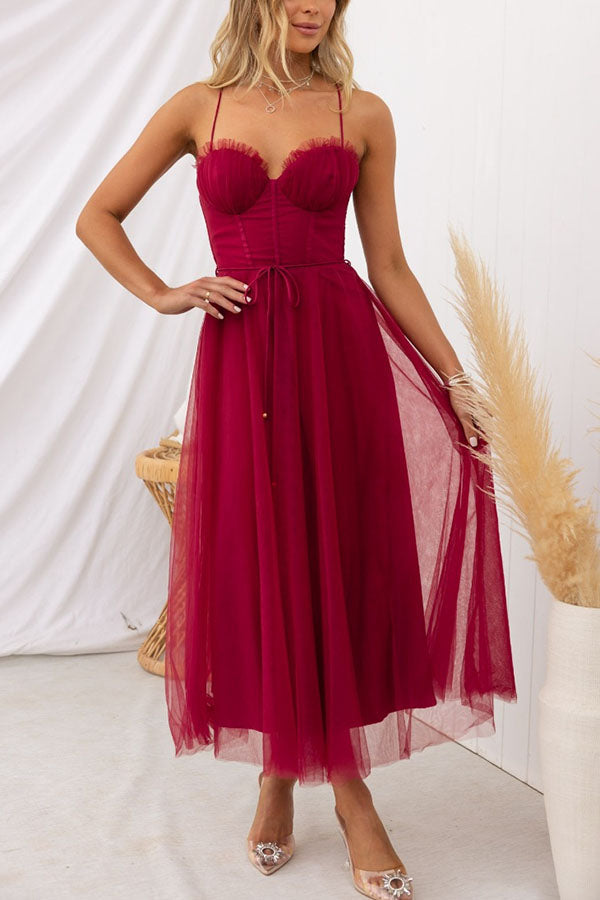 Women's Corset Midi Dress with Tulle Skirt and Spaghetti Straps