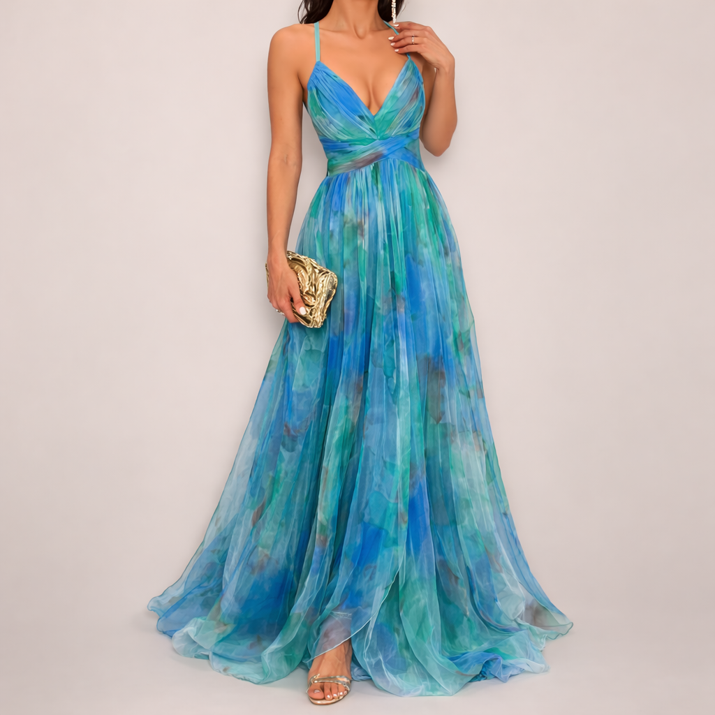 Women’s Floral Maxi Flowing Dress with Strap Shoulder