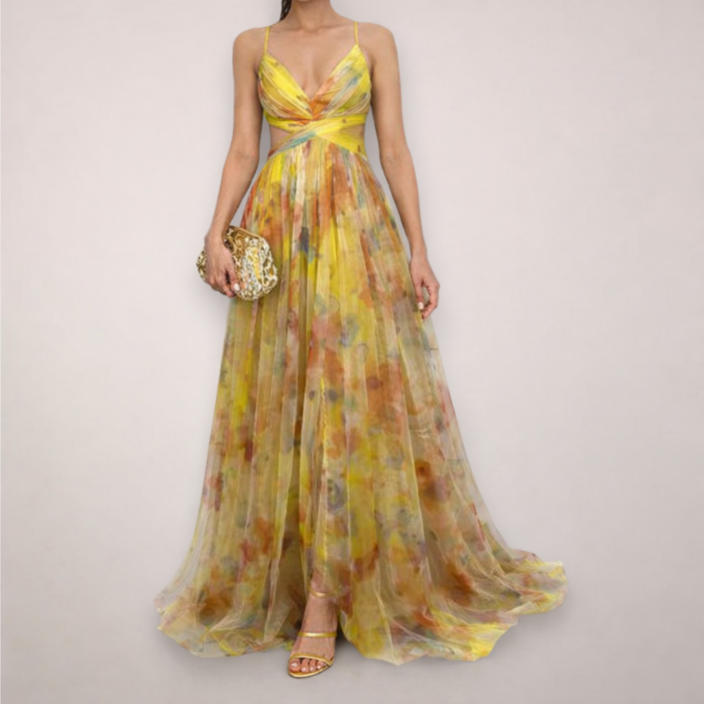 Women’s Floral Maxi Flowing Dress with Strap Shoulder