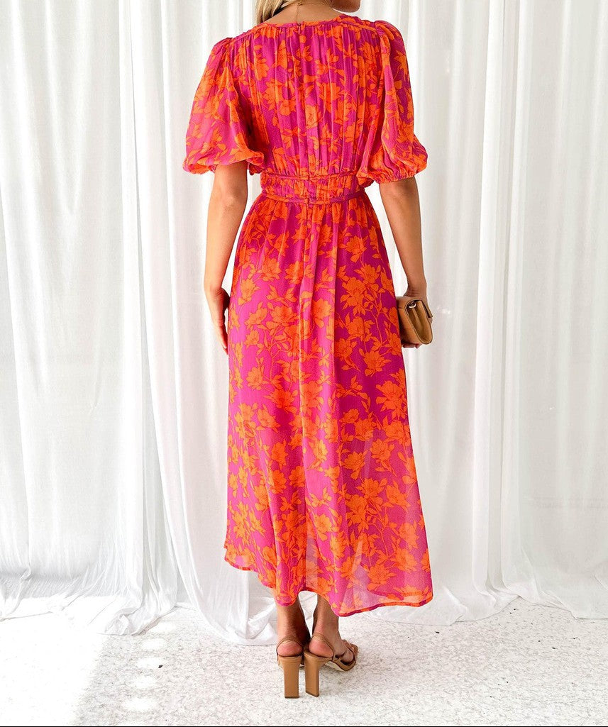 Women's Floral  V Neck Midi Dress with Puff Sleeves