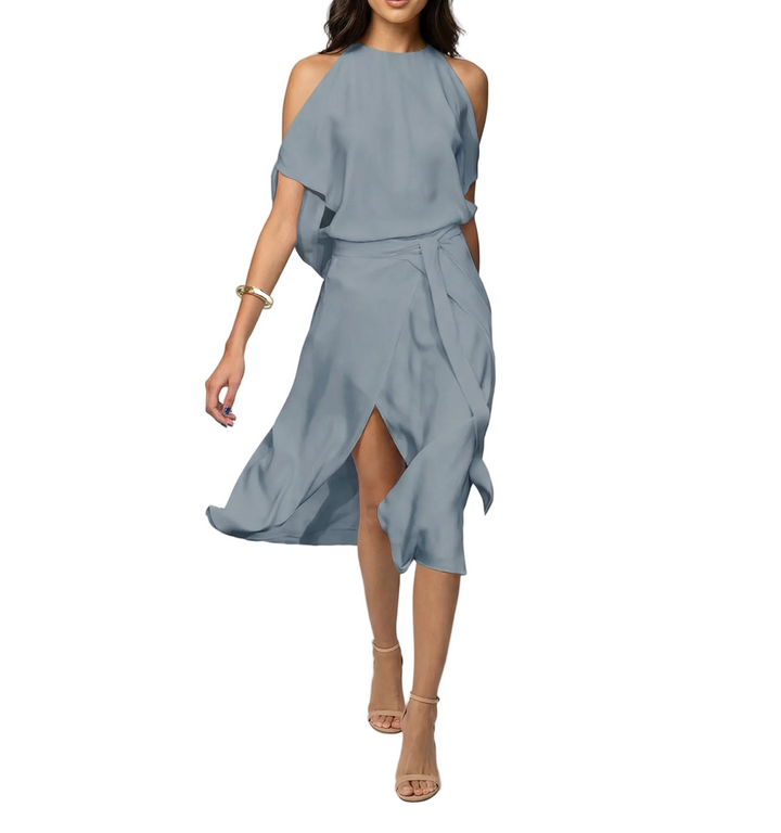 Women's Halter Neck Midi Dress with Draped Cape Back and Wrap Skirt