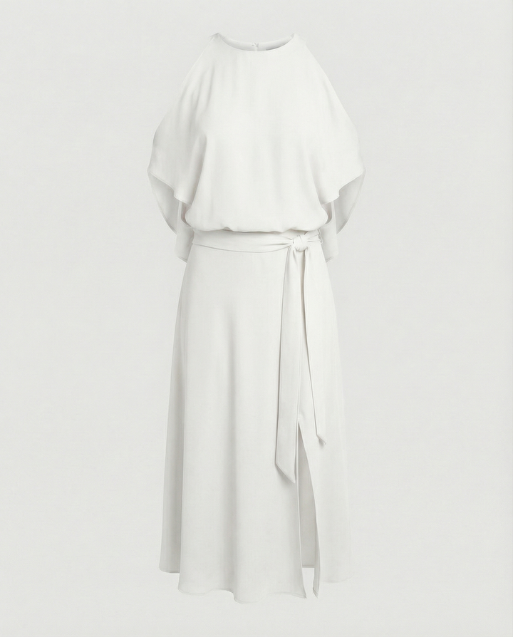 Women's Halter Neck Midi Dress with Draped Cape Back and Wrap Skirt