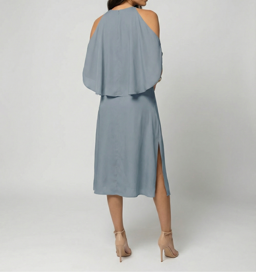 Women's Halter Neck Midi Dress with Draped Cape Back and Wrap Skirt