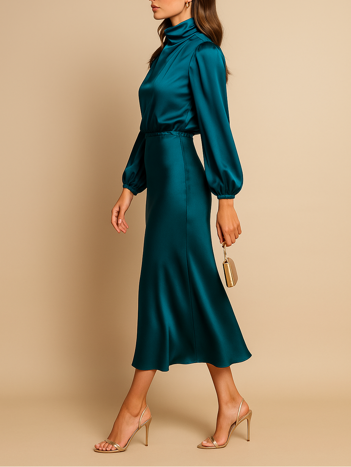 Women’s High Neck Long Sleeve Midi Dress High Waist Shape