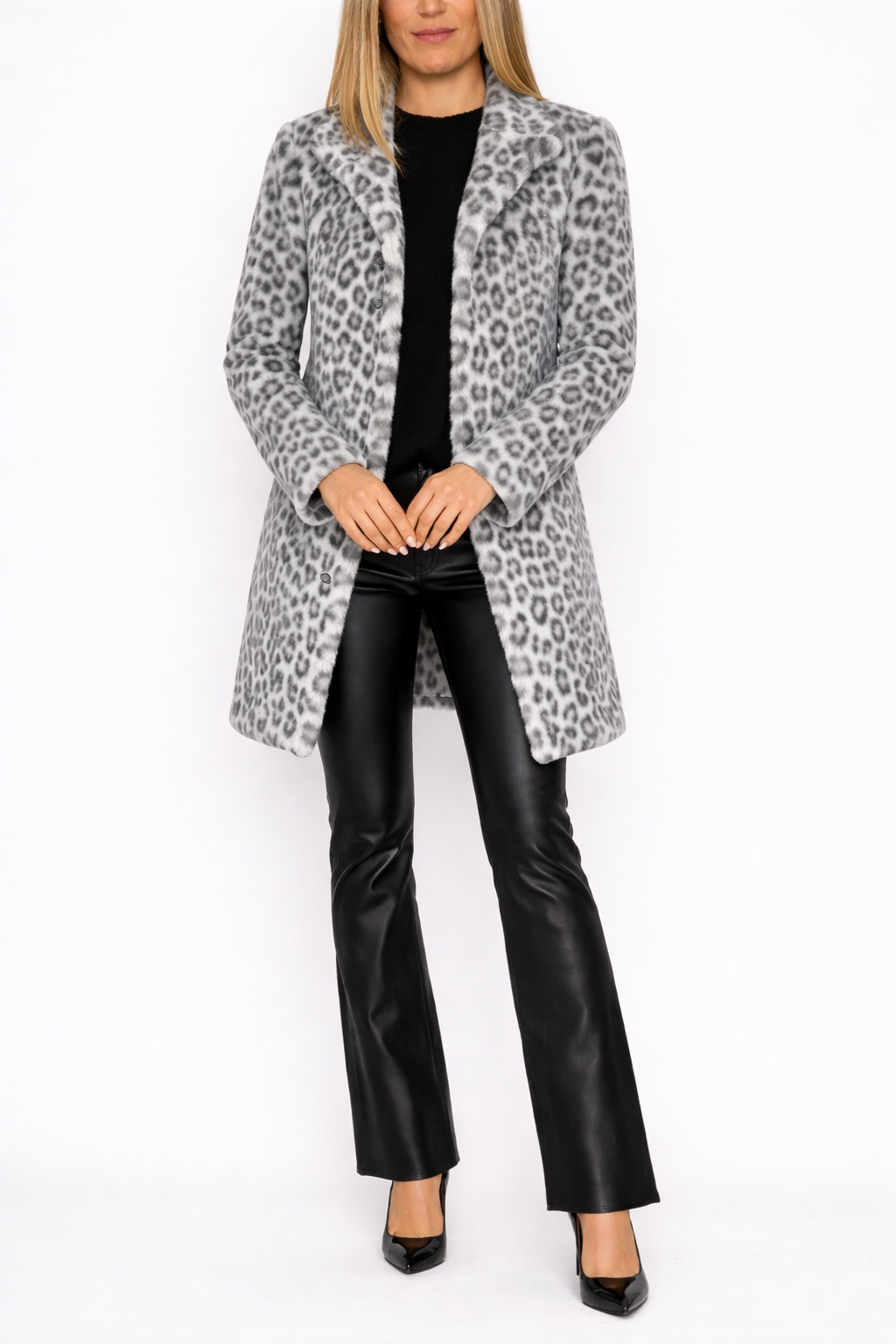 Women's Open Front Leopard Collared Winter Long Coat