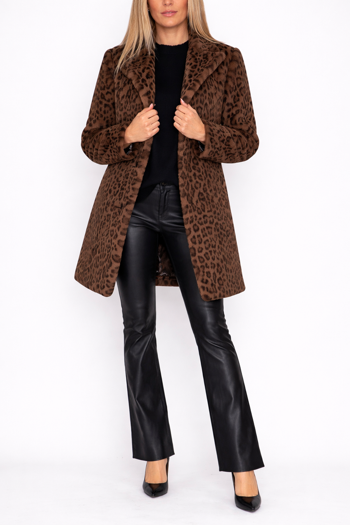 Women's Open Front Leopard Collared Winter Long Coat