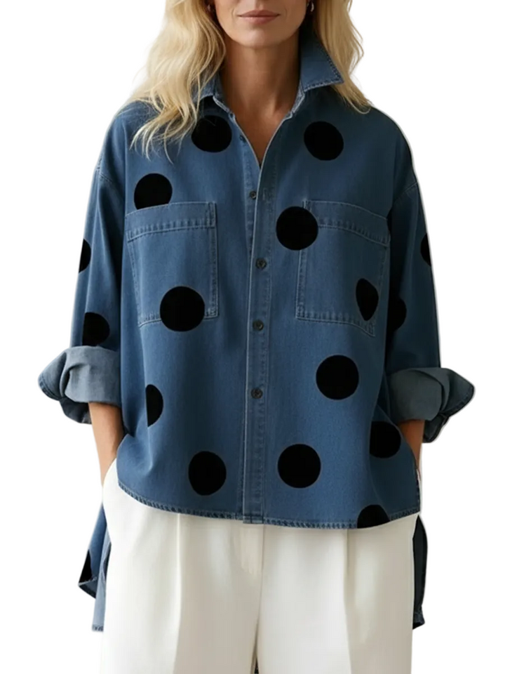 Women's Polka Dot Print Stand Collar Denim Shirt