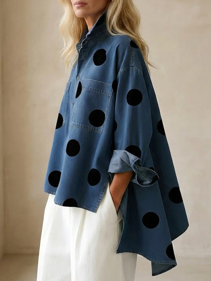 Women's Polka Dot Print Stand Collar Denim Shirt