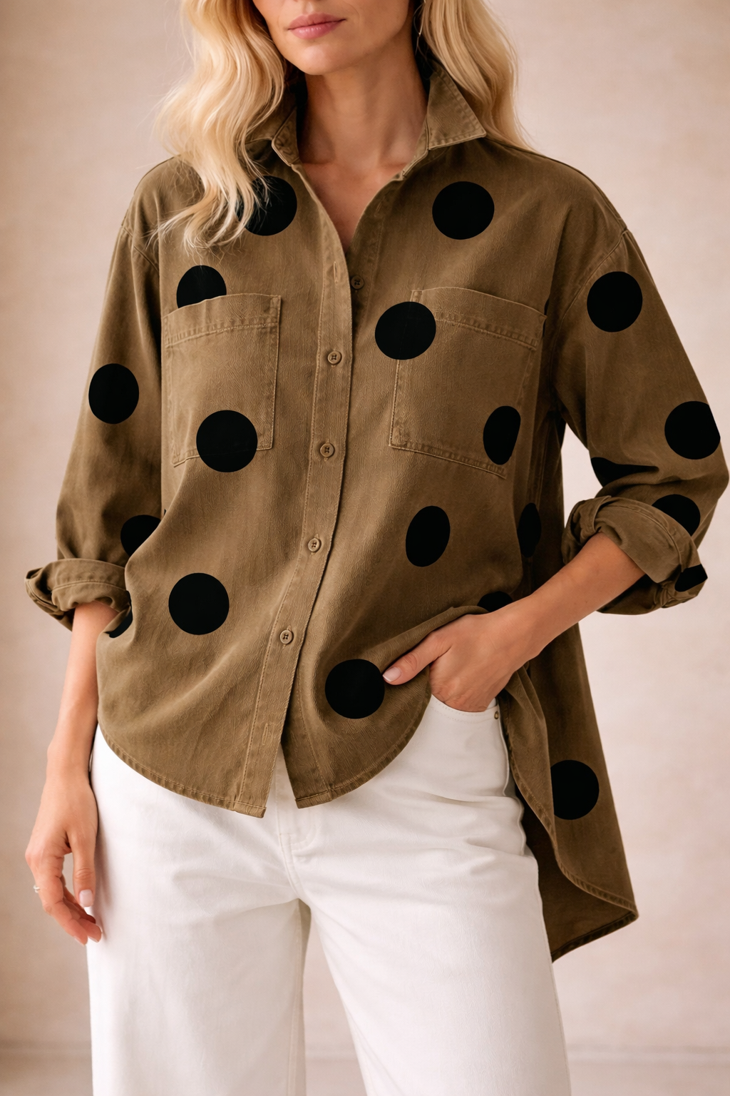 Women's Polka Dot Print Stand Collar Denim Shirt