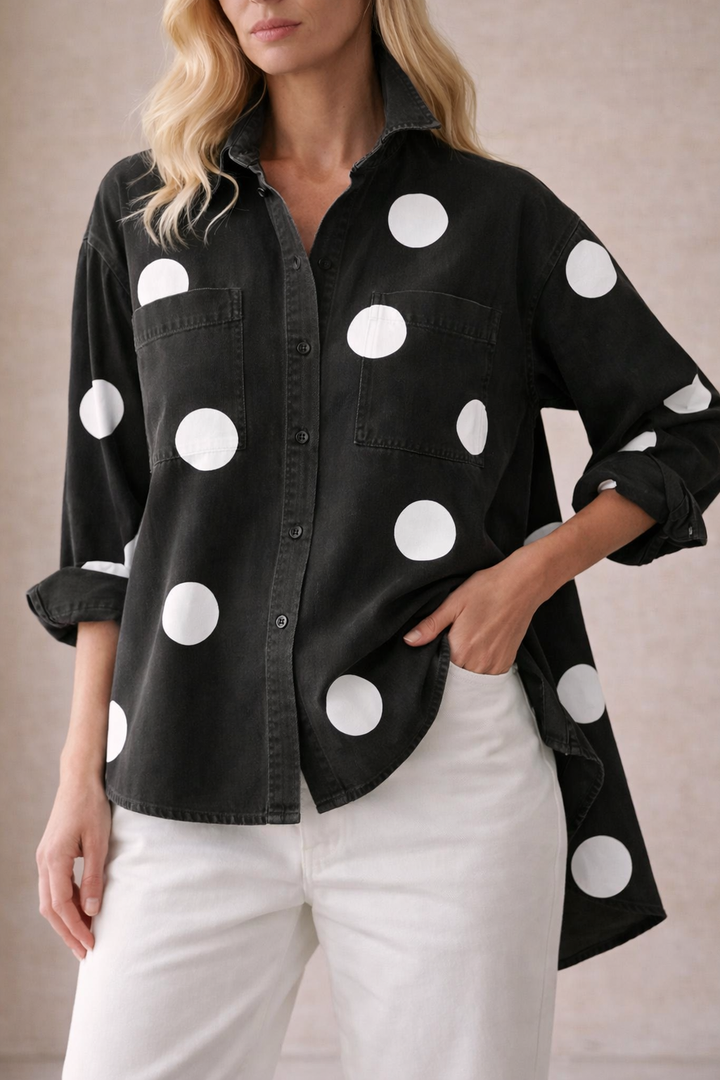 Women's Polka Dot Print Stand Collar Denim Shirt