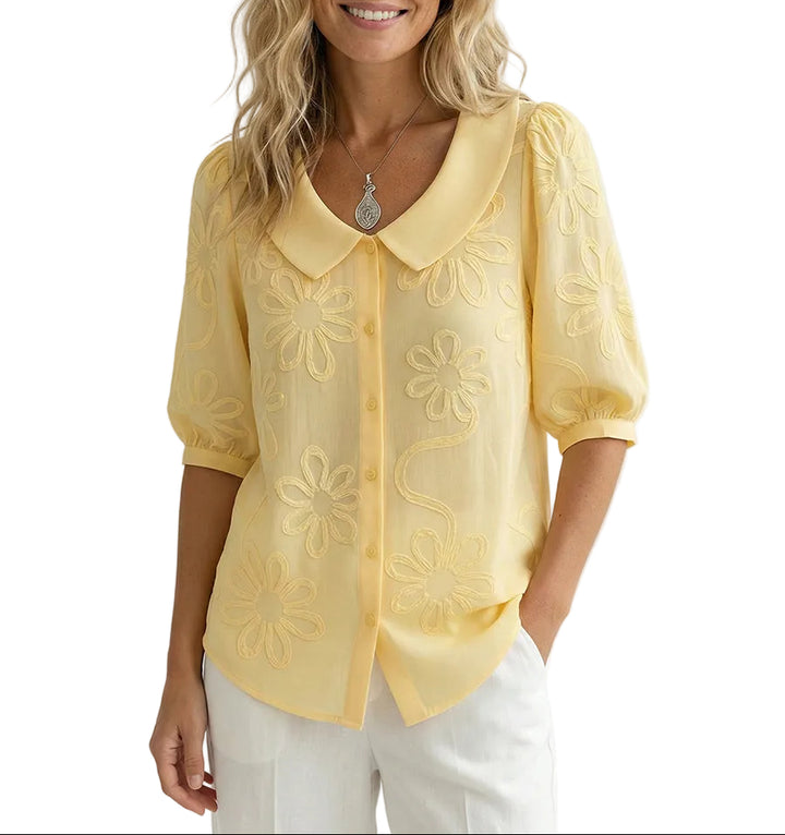 Women’s Round Collar Button Front Blouse with Floral Pattern