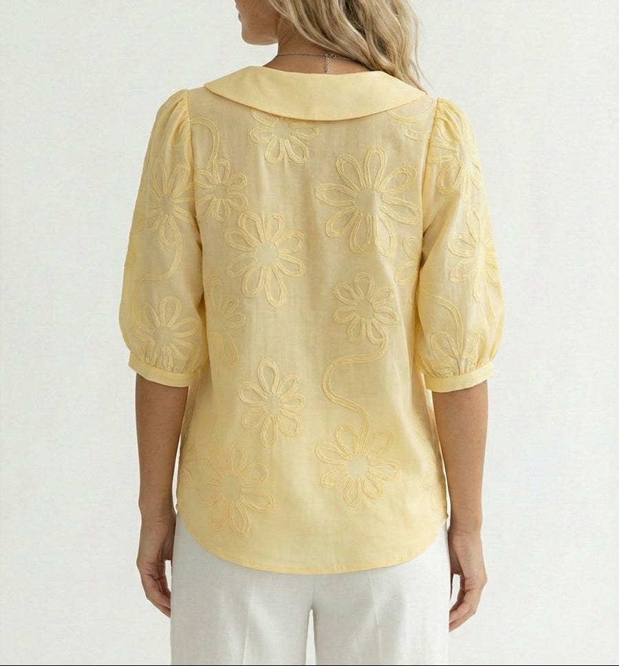Women’s Round Collar Button Front Blouse with Floral Pattern