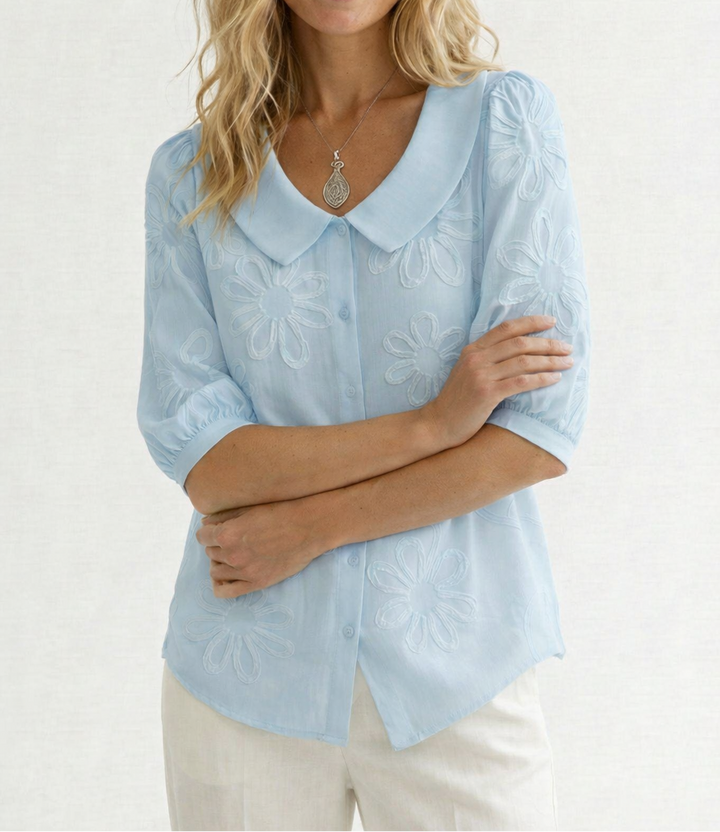 Women’s Round Collar Button Front Blouse with Floral Pattern