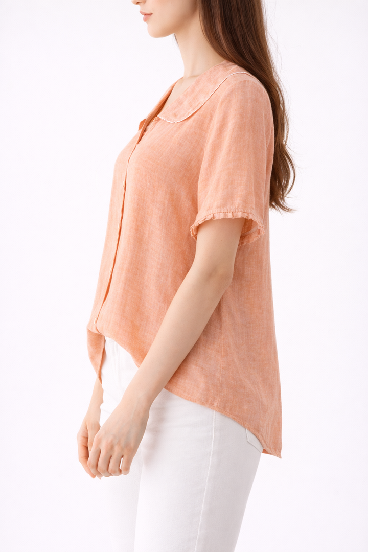Women's Short Sleeve Blouse with Collar Neck and Front Buttons