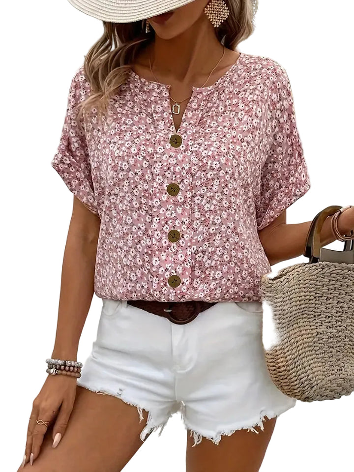 Women's Short Sleeve Floral Loose Blouse with Button Front