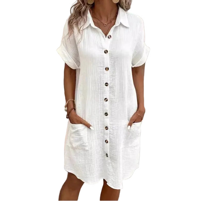 Women's Short Sleeve Loose Shirt Dress with Button Front