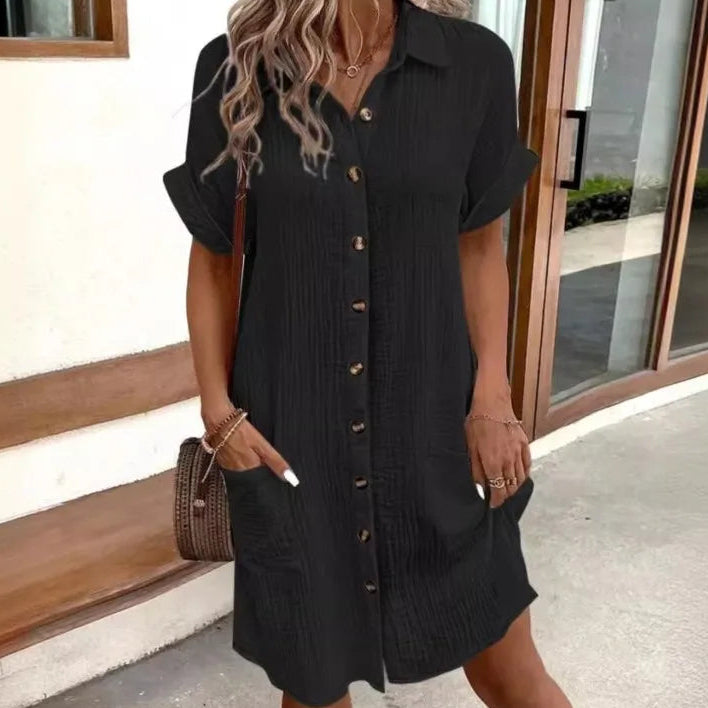 Women's Short Sleeve Loose Shirt Dress with Button Front