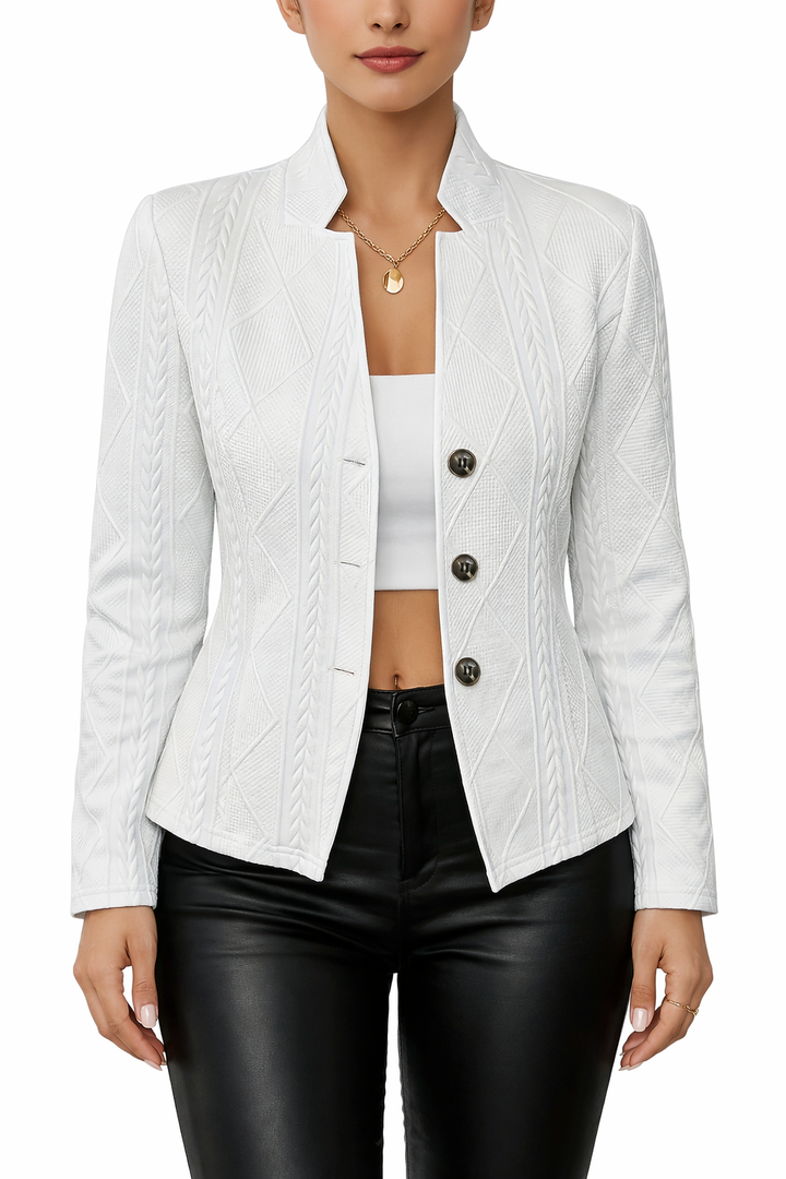 Women's Stand Collar Tailored Blazer with Front Buttons and Raised Pattern