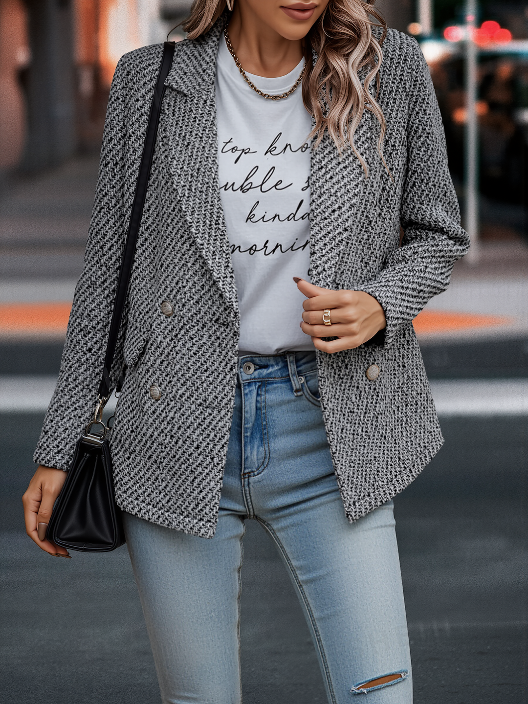 Women's Tailored Tweed Notched Lapel Double Breasted Blazer