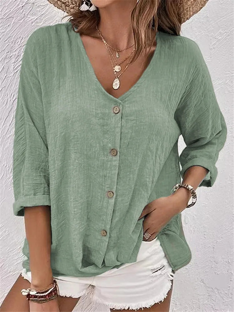 Women's Three Quarter Sleeve Button Blouse with V Neck