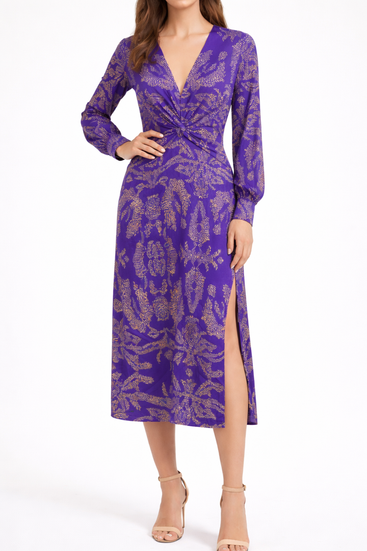 Women's V-Neck Long Sleeve Midi Dress With Front Knot Detail
