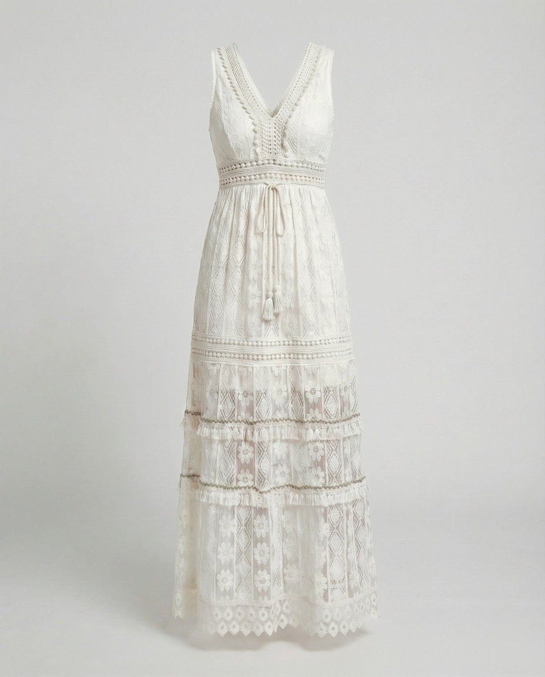 Women's V Neck Lace Maxi Dress with Tiered Skirt and Waist Tie