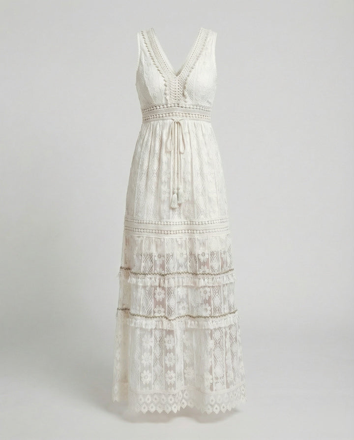 Women's V Neck Lace Maxi Dress with Tiered Skirt and Waist Tie