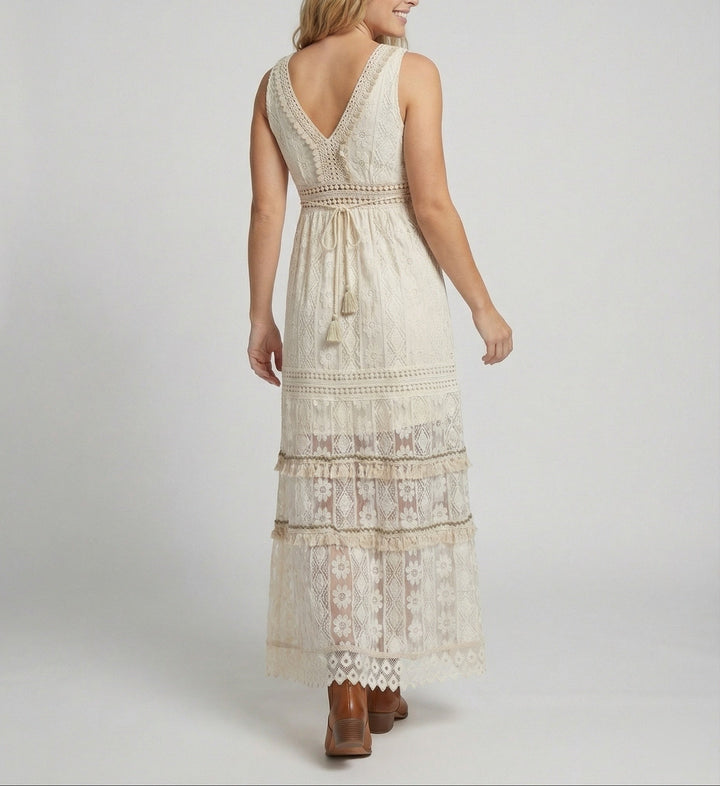 Women's V Neck Lace Maxi Dress with Tiered Skirt and Waist Tie