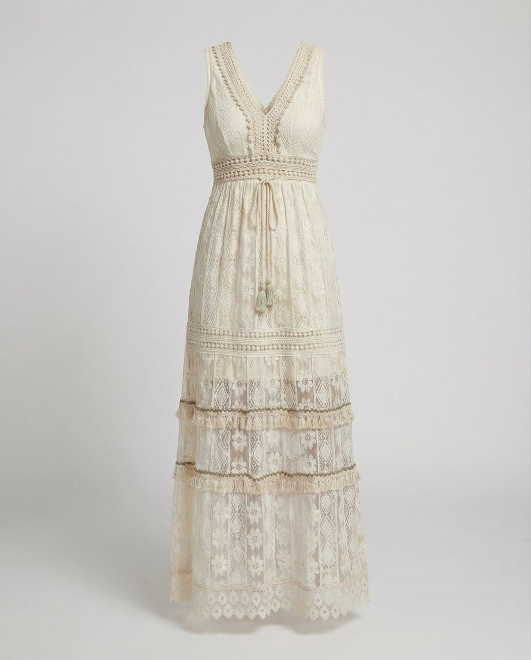 Women's V Neck Lace Maxi Dress with Tiered Skirt and Waist Tie