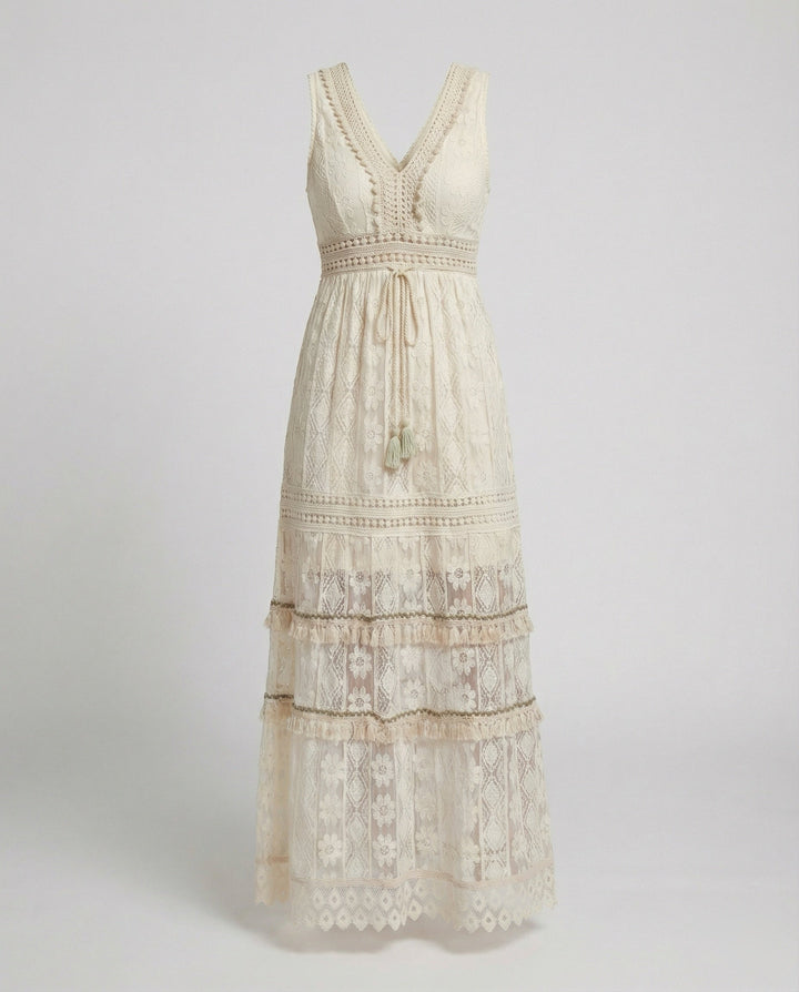 Women's V Neck Lace Maxi Dress with Tiered Skirt and Waist Tie