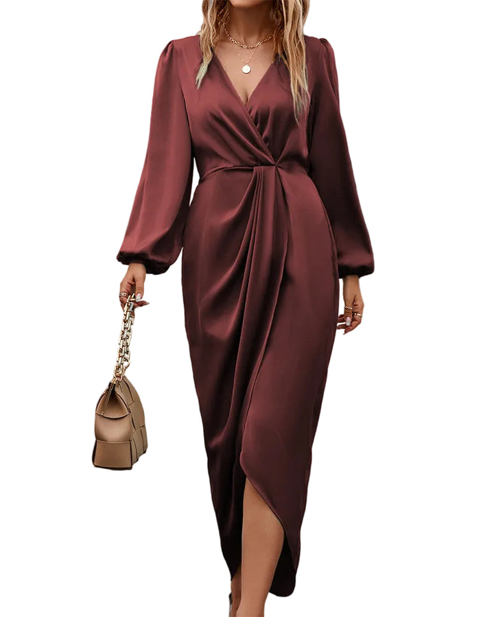 Women's V Neck Wrap Long Sleeve Midi Dress with Front Drape