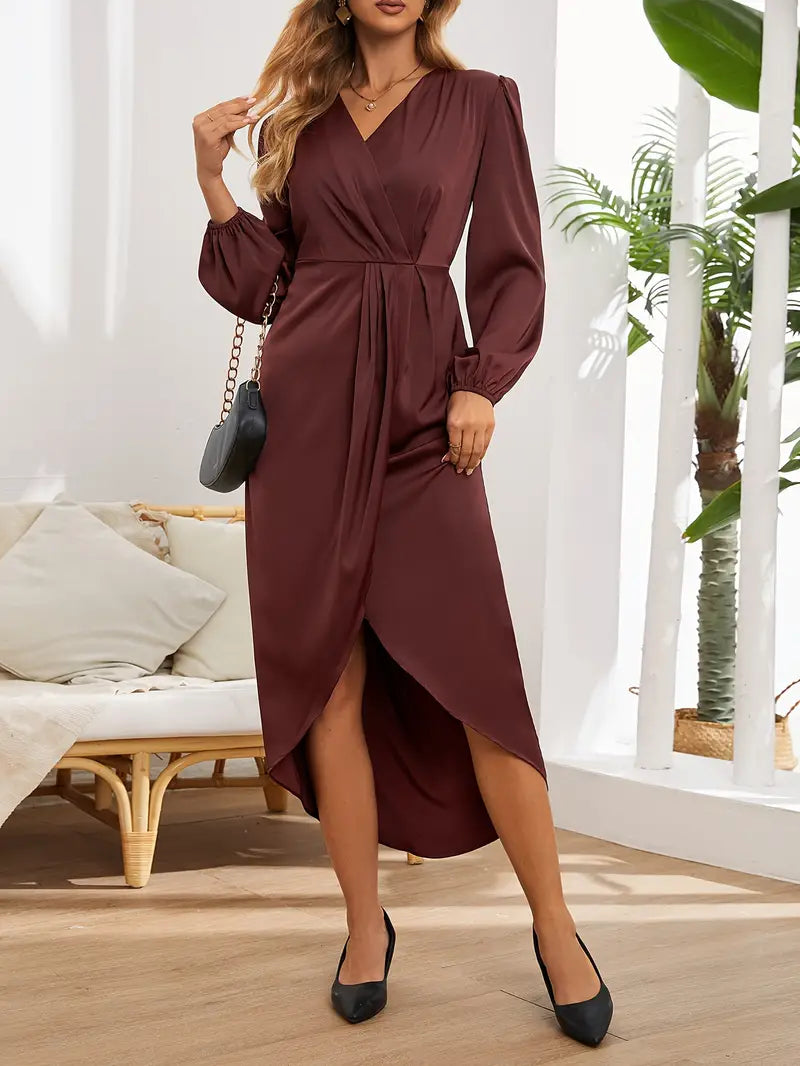 Women's V Neck Wrap Long Sleeve Midi Dress with Front Drape